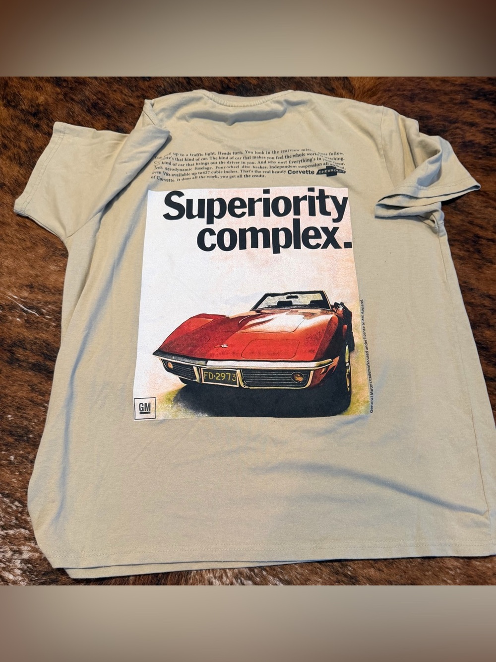 GM Chevrolet corvette graphic tee Chevy Mens size XL Tan Beige 1968 Corvette